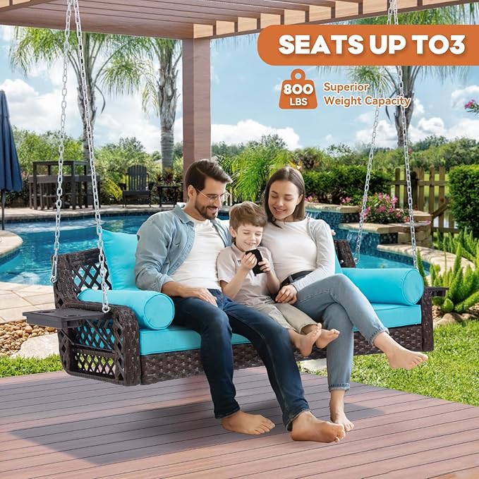 3 Seat Porch Swing, Wicker Patio Swing with Cup Holders & 3 Back Cushions, Yard Swing with Chains for Deck Garden Backyard,Brown Seagrass Rattan, Lake Blue Cushion, 56-inch