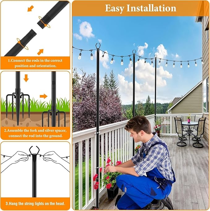 10 Pack String Light Poles,10 Ft Light Poles for Outside String Lights,Outdoor Lights Pole with Fork,Metal Poles Stand for Patio Deck Backyard (10FT 4 Pack)