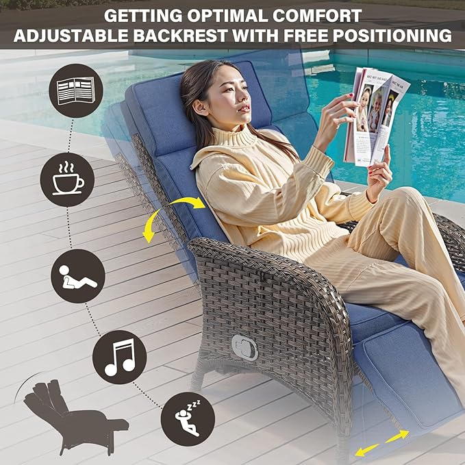 Belord 7 Piece Wicker Patio Furniture Set - 4 Adjustable Outdoor Recliner Chairs with 3 Side Table Patio Conversation Set,155° Lay Flat Chaise Lounge Chair Outdoor for Pool Deck Brown