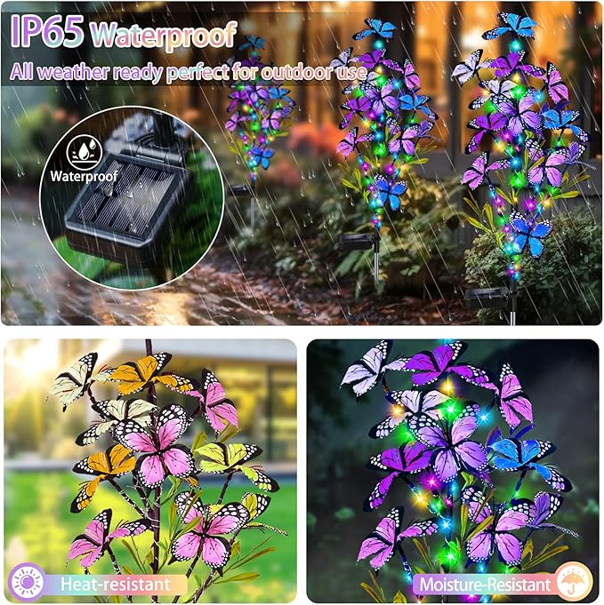 Solar Garden Lights Outdoor, Waterproof 4 Pack Solar Butterfly Lights with 60 LED 12 Butterfly Colorful Lighting for Garden Yard Lawn Outdoor Decor, Gift for Mom Women Mother's Day