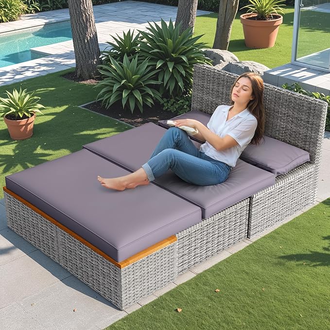 Devoko Patio Day Bed with 2 Side Tables Outdoor Daybed Set MultifunctionalRattan Lounge Bed for Backyard Porch Poolside Lawn Beach (Gray)
