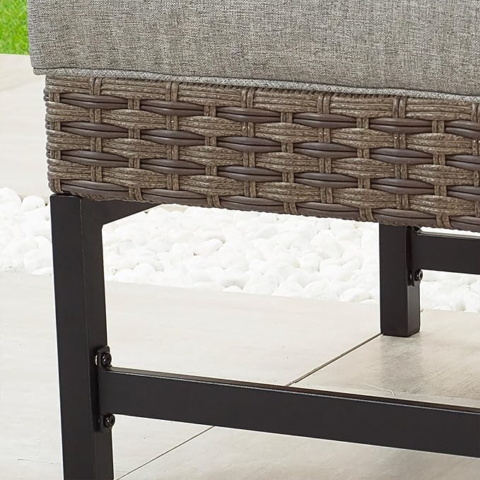 Outdoor Cushioned Ottoman Wicker Patio Furniture Ottoman with Grey Cushion Metal Steel Frame