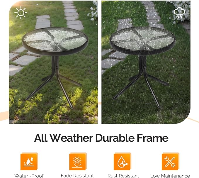 VINGLI Outdoor Side Table, 18" Patio Table Steel Frame Tempered Glass Top, Weatherproof Small Tables for Balcony Garden Poolside (Black, Round)