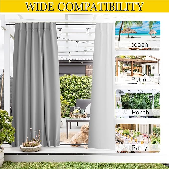 NICETOWN 2 Panels Outdoor Curtains Waterproof Pocket & Back Tab on Top & Bottom, Thermal Insulated Windproof Sun Blocking Outside Privacy Drapes for Patio with Fixed Rope, W52 x L95, Silver Gray