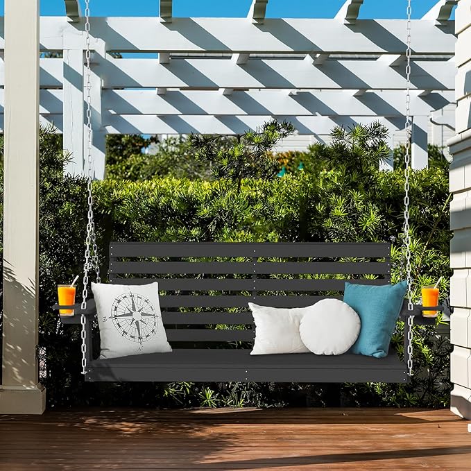 Plawdlik Porch Swings,2 Seat Patio Chair with Two Cup Holders,HDPE Waterproof Bench for Courtyard-Black