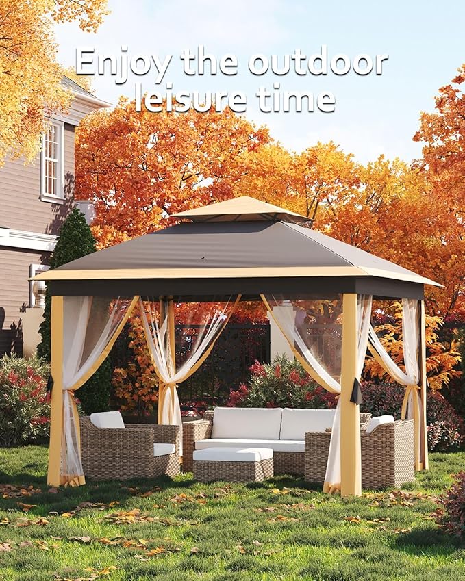 Garveelife 11x11 Pop Up Gazebo Tent with Mosquito Netting, Outdoor Canopy Shelter Easy Setup, Water & UV Resistant - Khaki