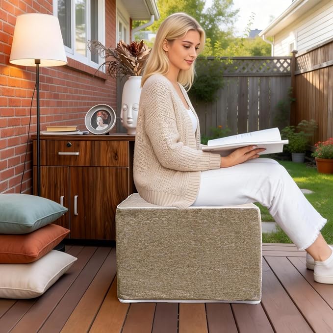 Outdoor Ottoman 20x20x14 Inches Outdoor Square Ottomans for Patio Modern Lightweight Foam Stuffed Pouf Outdoor Footstool Footrest (Coffee)