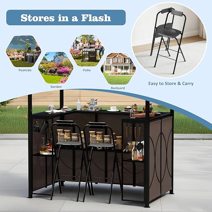 Outdoor Grill Gazebo with Patio Bar Set, Double-Tier BBQ Shelter with Side Awning, Complete Set Includes 2 Foldable Stools, U-Shaped Storage, Glass Holders & Hooks for Yard, Poolside, Garden