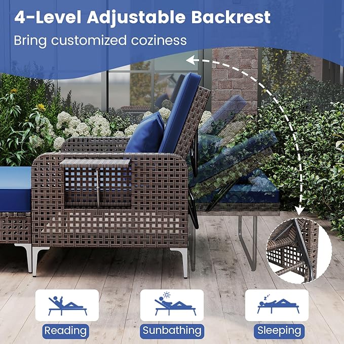 Tangkula Patio Rattan Daybed with 4-Level Adjustable Backrest, Boho Outdoor Wicker Loveseat & Storage Ottoman with Cushion, 2-Person Sun Lounger with Folding Tables for Poolside, Backyard & Garden