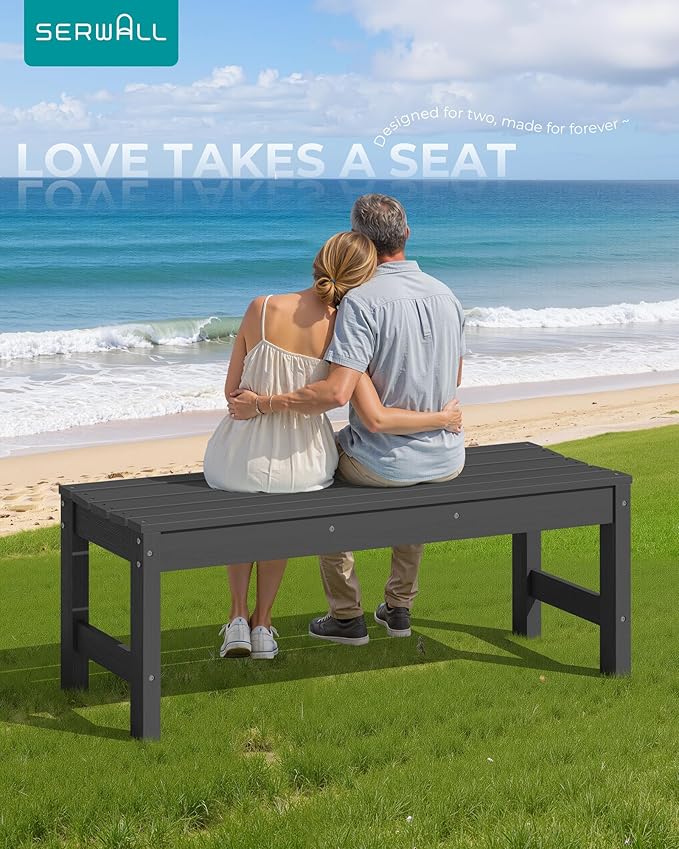 SERWALL 47 Inches Outdoor Bench, All Weather HDPE Backless Bench with Wood Grain Texture for Garden Porch and Park, Curved Bench Seat for Comfort, Black
