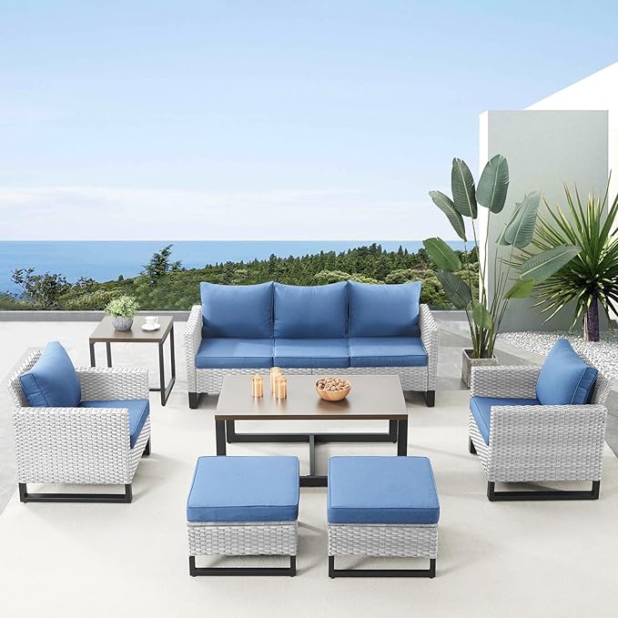 Belord 7 Piece Outdoor Furniture Patio Wicker Sofa Set, Oversize Outdoor Dining Chairs with Rattan Ottomans, Conversation Sets Patio Furniture Come with Removable Washable