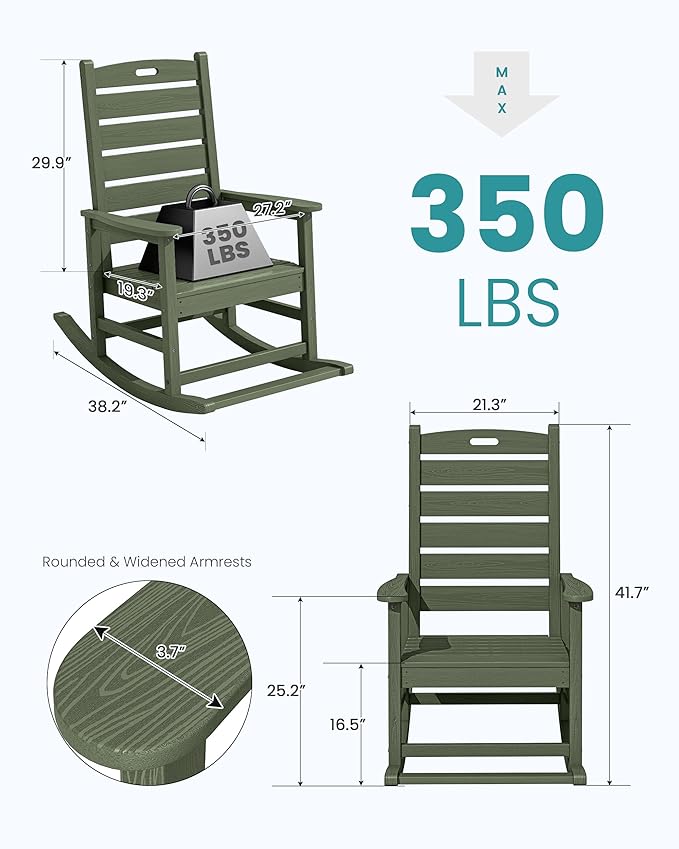 SERWALL Outdoor Rocking Chair, Oversized Rocking Chair with Footrest for Adults, HDPE All Weather Resistant Rocking Chairs for Patio, 350lbs Weight Capacity, Avocado Green