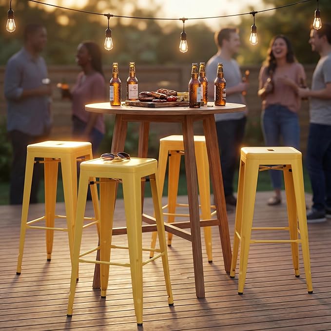 Shahoo 30 Inches Metal Bar Stools Counter Height Stackable Backless Stools, Industrial Patio Stools Indoor Outdoor Metal Kitchen Stools Set of 4 (Yellow, 30'')