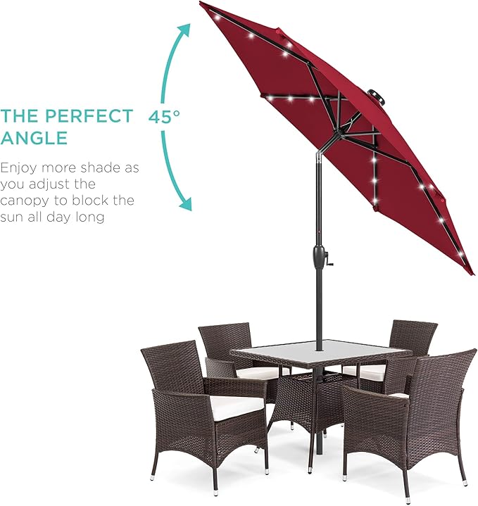 Best Choice Products 7.5ft Outdoor Solar Market Table Patio Umbrella for Deck, Pool w/Tilt, Crank, LED Lights - Burgundy