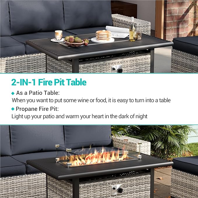 13-Piece Outdoor Patio Furniture Set with 55,000 BTU Fire Pit Table, PE Wicker Rattan Sectional Sofa Patio Conversation Set with Coffee Table, Dark Grey