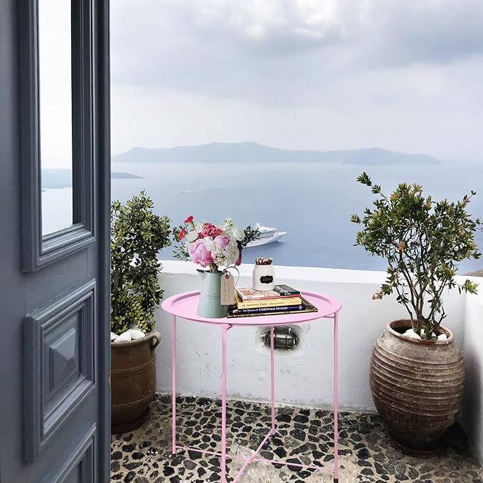 Garden 4 you End Table 2 PCS Metal Side Table Pink Round Folding Tray Cyan Sofa Small Accent Fold-able Table, Round End Table Tray, Next to Sofa Table, Snack Table for Living Room and Bed Room