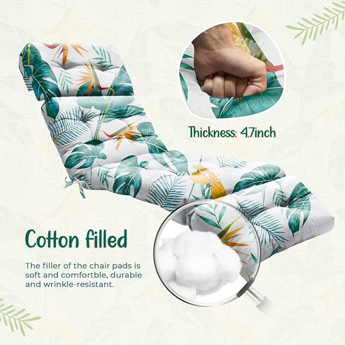 Outdoor Chaise Lounge Chair Cushion 75.1 x 22.8 x 4.7 Inches 100% Waterproof Replacement Cotton Patio Pool Lounge Chair Cushion for Outdoor Furniture with Ties, Yellow-Green Leaf