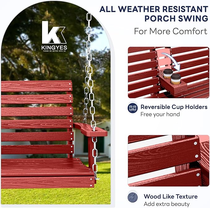 KINGYES Outdoor Hanging Porch Swing Set of 4, 2 Seat Patio Chair With Cup Holders, Waterproof Bench for Courtyard & Garden, 660LBS Weight Capacity, Red