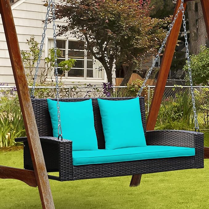 RELAX4LIFE Porch Swing 2-Seat Patio Rattan, Wicker Porch Swings Outdoor W/Two 7.9 Ft Solid Steel Chain, Comfortable Back & Seat Cushions, for Front Porch, Garden, Backyard Patio Swing (Turquoise)