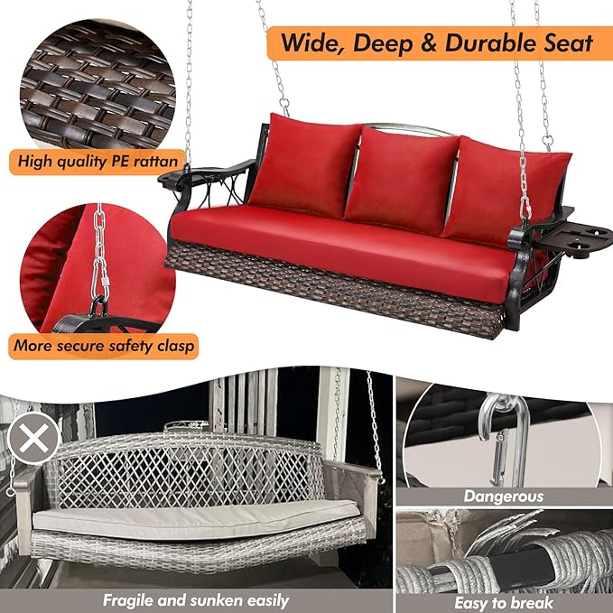 Heavy Duty 900 LBS Porch Swing Chair 3-Person Outdoor Rattan Patio Swing Lounge w/Cup-Holder & Steel Chains Wicker Hanging Bench Porch Swing Cushions for Deck & Backyard & Garden