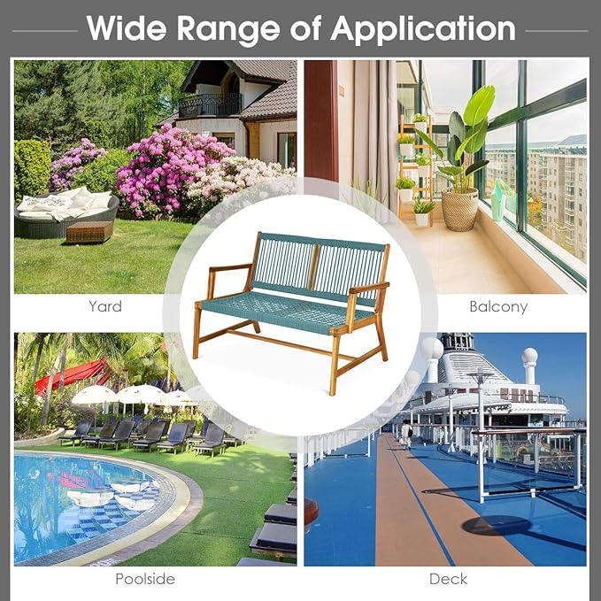 Tangkula 2-Person Patio Acacia Wood Bench Loveseat Chair, Outdoor Patio Acacia Wood Bench in Teak Oil Finish, Patio Loveseat Rope Chair for Balcony Deck Poolside Porch (Turquoise)