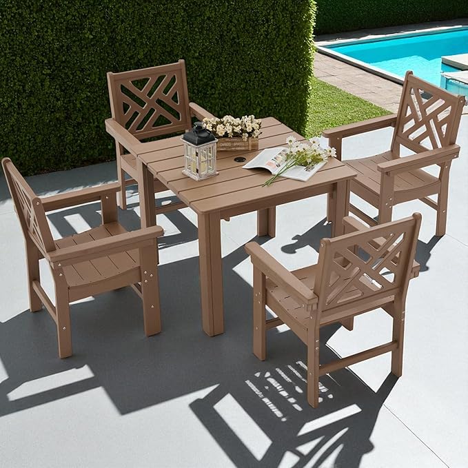 HDPE Outdoor Dining Set,5-Piece Outdoor Table and Chairs Include 4 Armchair Chairs and 35.5" Square Patio Dining Table with Umbrella Hole (Brown)