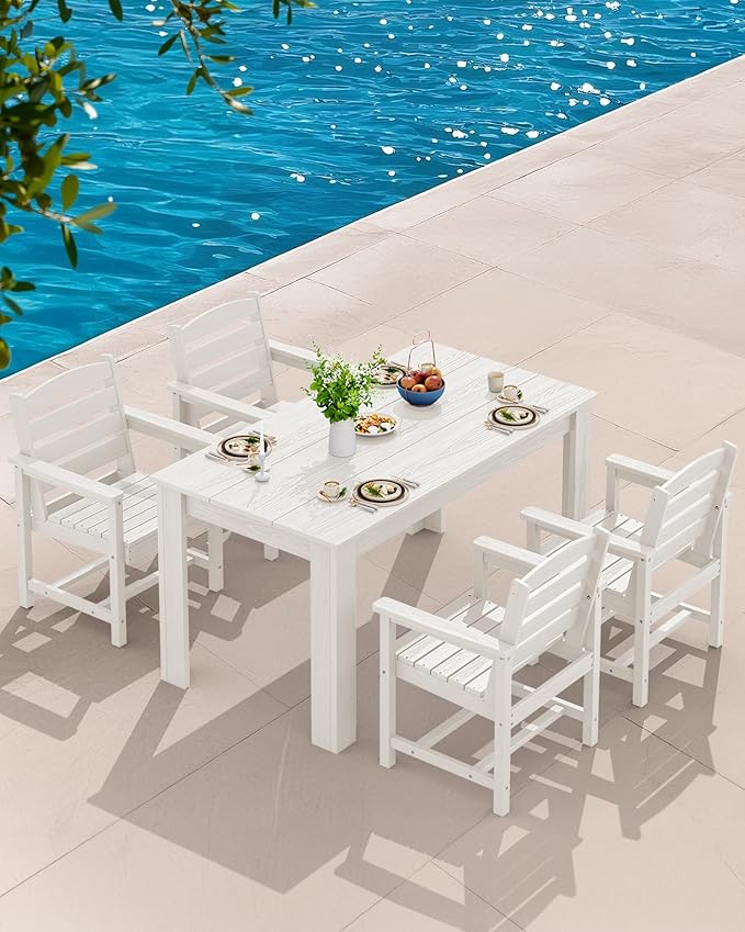 SERWALL Patio Dining Sets for 8, Outdoor Dining Sets for 8 Person with 2 Umbrella Hole Cut-Out Rectangular Tables and 8 Chairs, HDPE Dining Sets for Garden, Backyard, Poolside, White