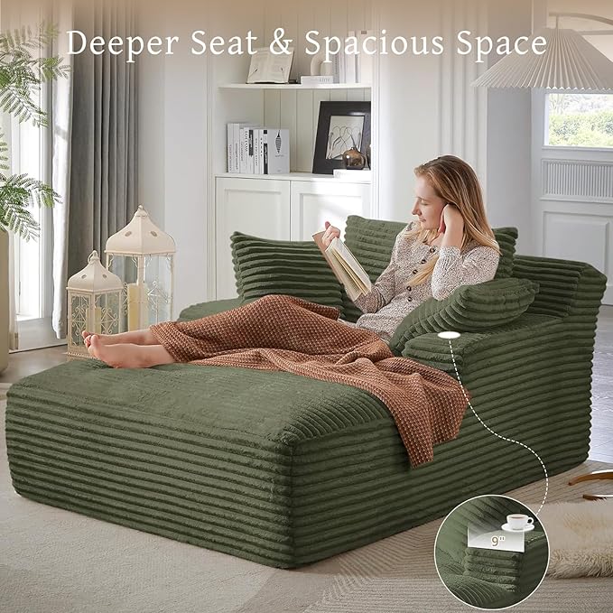 66" Chaise Lounge Chair Indoor, Oversized Boneless Couch Comfy Upholstered Sleeper Sofa Bed with 3 Pillows, Corduroy Cloud Reading Chair for Living Room No Assembly Required, Green