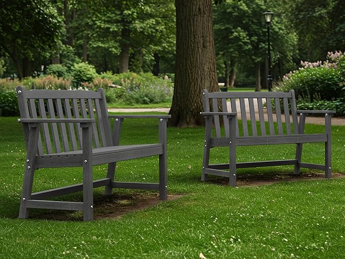 Ciokea 48" Outdoor Bench Set of 2, HDPE Weatherproof Garden Bench, 2-Person Memorial Benches with 550 Lbs, Waterproof Patio Porch Benches for Outside Balcony Deck Backyard, Dark Grey