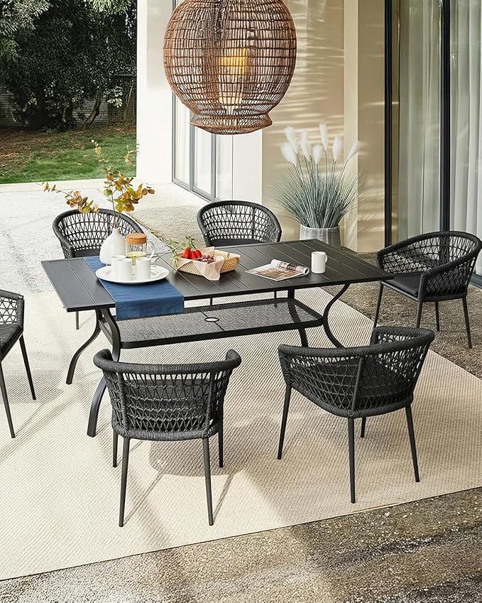 Outvita Outdoor Patio Table for 6 Person, Black Rectangular Metal Frame Patio Classic Dining Table with 1.65" Adjustable Umbrella Hole for Garden Lawn Backyard Deck, 60" L x 35" W x 29" H
