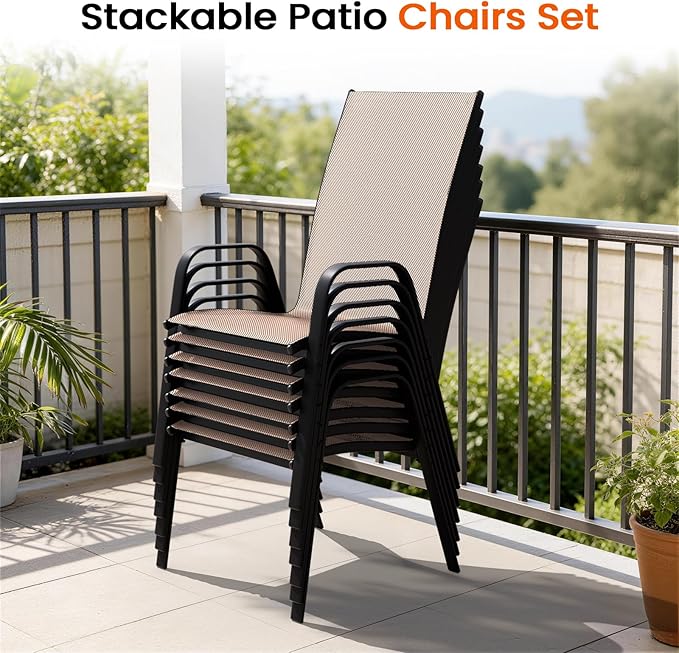 JEAREY Patio Dining Chairs Set of 6, Outdoor Stackable Dining Furniture Set, All Weather Dining Set for Lawn, Garden, Backyard, Poolside, Brown