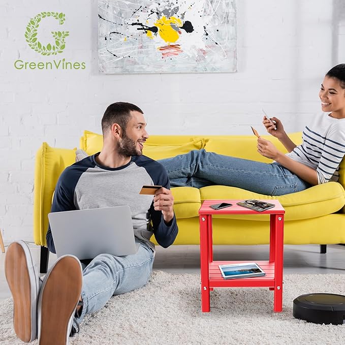 GREENVINES Adirondack-Outdoor-Side-Table | 14 x 13 Inches | HDPE Plastic | All Weather | Red | Outside End Tables | Storage Shelf | for Patio Porch Backyard Indoor