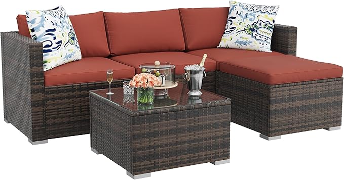 GAOMON 5-Piece All-Weather Patio Furniture Set, Convertible Outdoor Sectional Sofa with Ottoman & Tempered Glass Table, PE Rattan Conversation Set for Garden, Backyard, Porch, Poolside