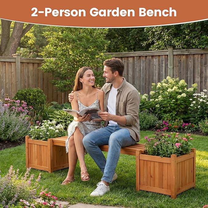 Giantex 2-in-1 Outdoor Bench with 2 Raised Garden Beds, Wood with Teak Oil Finish, Garden Bench Seat with Planter Boxes for Porch Balcony Lawn Yard, DIY Assembly, Orange
