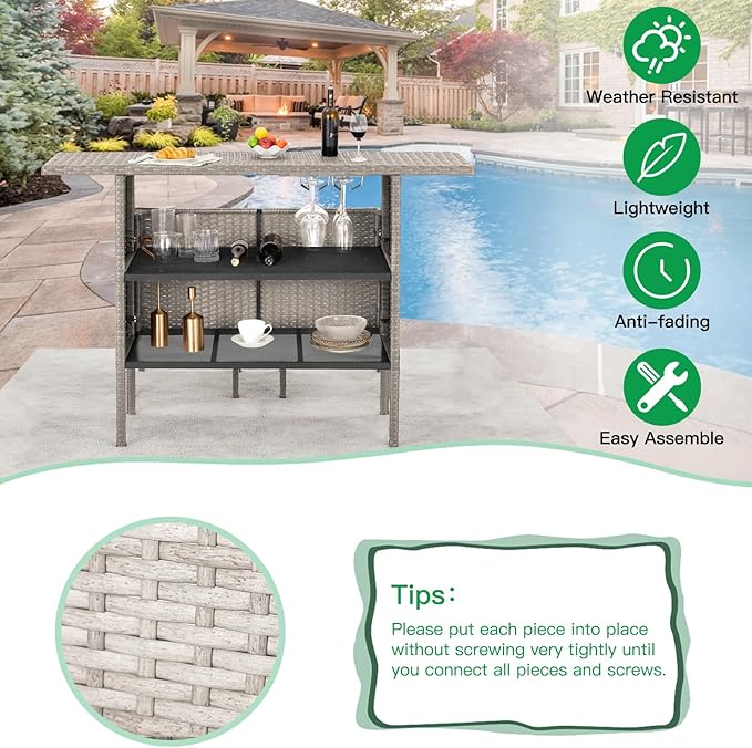 ECOTOUGE Wicker Bar Table, Outdoor Patio Console Table Serving Table, Mini Outdoor Bar Patio Counter with Steel Shelves & Hanging Wine Glasses, Ideal for Garden, Backyard(Grey)