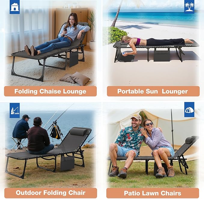 Devoko Beach Lounge Chair, Outdoor Sun Tanning Chair with Face Hole, Heavy Duty Folding Portable Lay Chaise Lounge Chairs for Outside Beach Pool Camping Patio, Beige