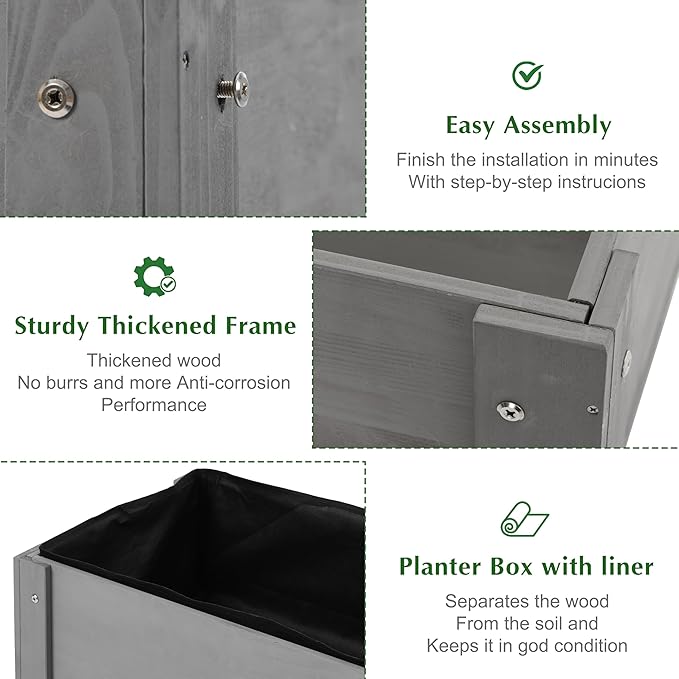 SoliWood Set of 2 Raised Garden Bed with Legs, 31x16x31'', Outdoor Wood Elevated Planter Box, Grey Cedar, Thick Legs, w/Liner