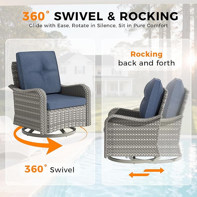 8-Seat Outdoor Wicker Patio Furniture Set with Fire Pit Table, Modular Rattan Sectional Sofa & 2 Swivel Rocking Chairs, 4" Thick Cushions, Rust-Resistant Frame,Navy