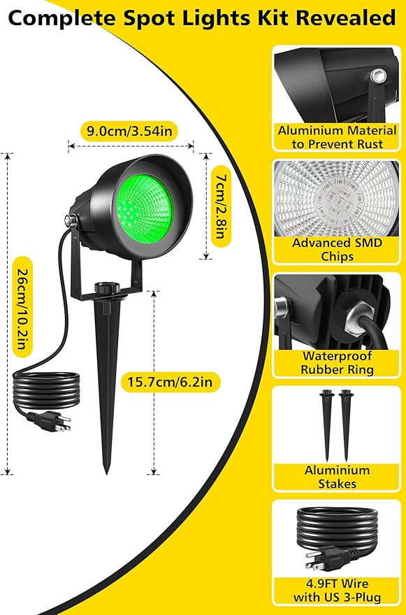 T-SUN Green Spotlight Outdoor, Waterproof LED Landscape Lighting with US Plug, Easy Install 270° Adjustable Outdoor Spot Lights for Garden Tree Yard Decor, 2 Pack