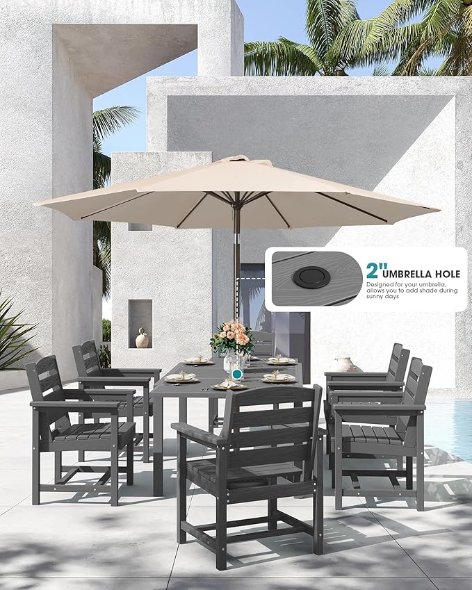 SERWALL 9-Piece Outdoor Dining Set, 60" - 83" Expandable Outdoor Dining Table and 8 HDPE Chairs, All Weather HDPE Outdoor Furniture Set for Backyard, Garden, Grey