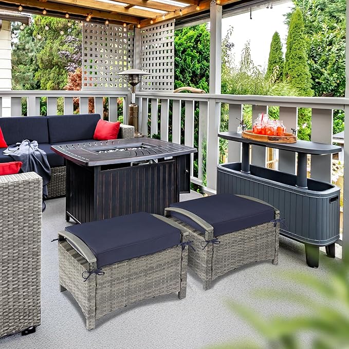 VINGLI Wicker Outdoor Ottoman Set of 2, All Weather PE Rattan Footstool for Patio w/Removable Cushions, Waterproof Rattan Foot Rest for Garden, Balcony, Poolside (Grey)