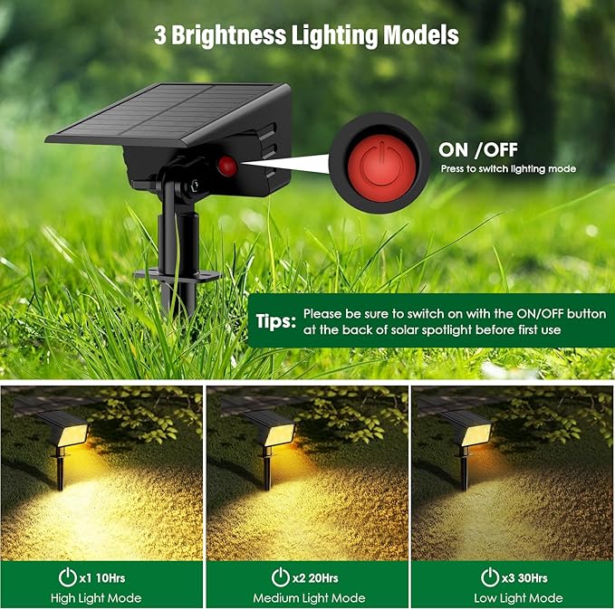 Solar Spot Lights Outdoor with 60 LED & Auto On/Off, 4 Pack Solar Lights Outdoor Waterproof IP68 with 3 Lighting Modes, 2-in-1 Solars Landscape Light for Outside, Garden, Yard(Warm White)