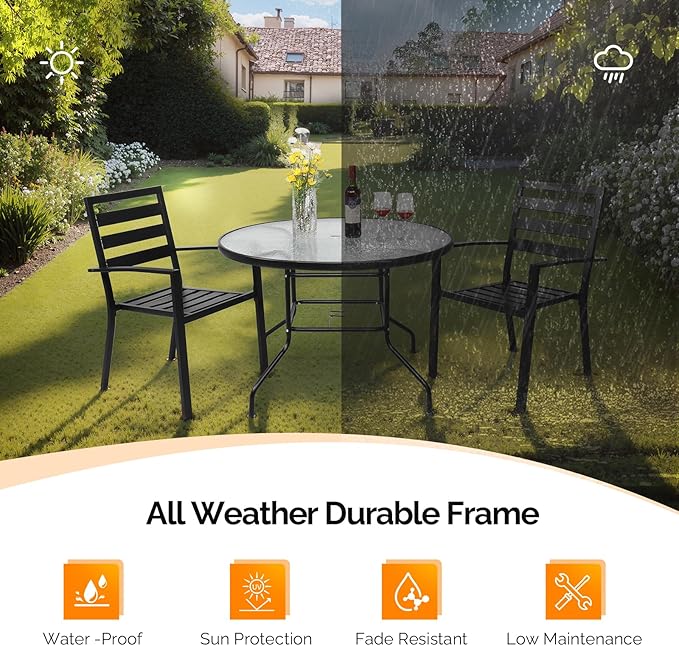 VINGLI 40'' Outdoor Dining Table with Umbrella Hole, All Weather Round Patio Table, Waterwave Tempered Glass Top and Metal Frame, for Garden Porch Balcony Yard