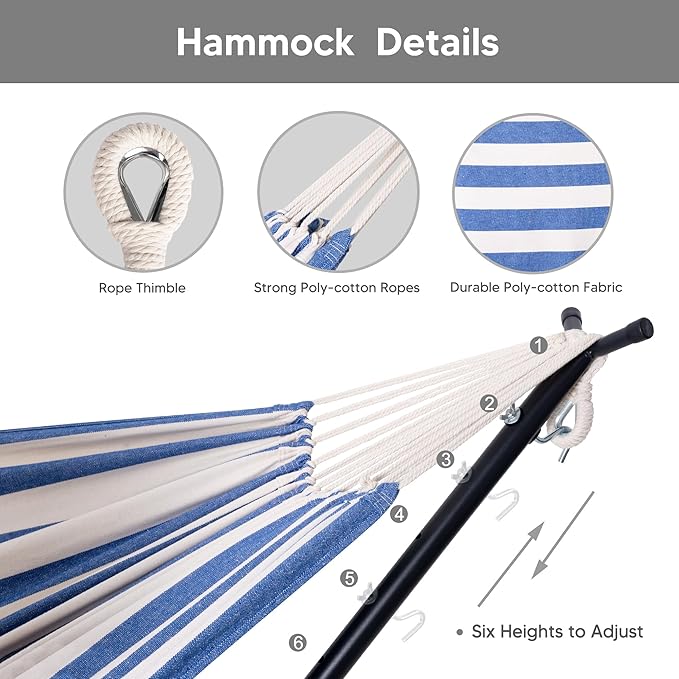 SUNCREAT 2-in-1 Convertible Free Standing Hammock with Stand Included, Camping Backyard Hammock with Stand, Patented, Blue & White Stripe