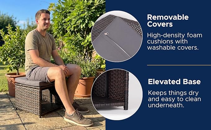 Outdoor Storage Ottoman (Set of 2) - All-Weather Wicker Patio Footstool with Washable Cushions - Sturdy Rattan Foot Rest & Hidden Box for Deck, Porch, Backyard & Balcony