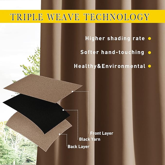 NICETOWN 2 Panels Weighted Blackout Outdoor Curtains for Patio Waterproof, Grommet & Back Tab on Top & Bottom Windproof Sound/Light Blocking for Porch with Bouns Rope for Fixed, Tan, W66 x L84