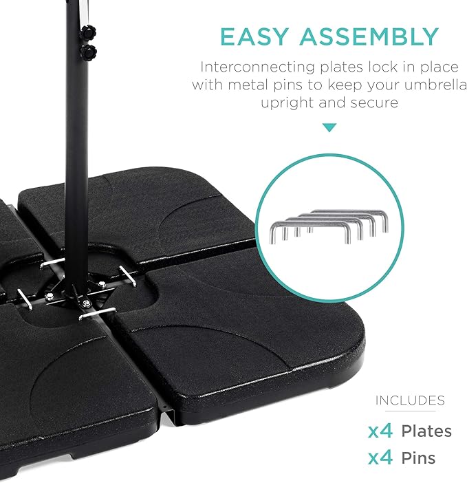 Best Choice Products 4-Piece 155lb Capacity Heavy-Duty Cantilever Offset Patio Umbrella Stand Square Base Plate Set w/Easy-Fill Spouts for Water or Sand - Black