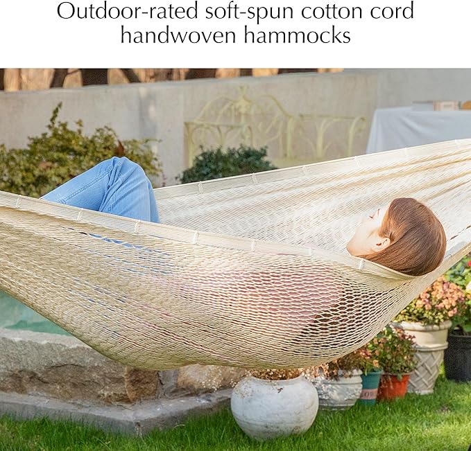 PNAEUT Handwoven Mayan Hammocks, Double Rope Hammock for Outdoor Outside & Indoor, Thick Soft 600 lbs Capacity Heavy-Duty, Includes Tree Straps, Carabiners & Carrying Bag (Nature, X-Large)