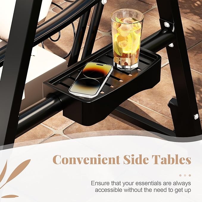 Tangkula Porch Swing with Stand, Outdoor Patio Swing with Heavy-Duty Metal Frame, Removable Cushions, Side Tables, Armrests for Garden, Balcony, Backyard, Poolside