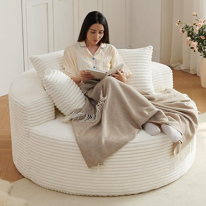Oversized Round Chair Lounge Chaise Indoor, Upholstered Corduroy Deep Seat Cloud Large Circle Sofa Chair, No Assembly Required, Fluffy Modern Sleeper Sofa Bed for Reading, Living Room, Bedroom, White